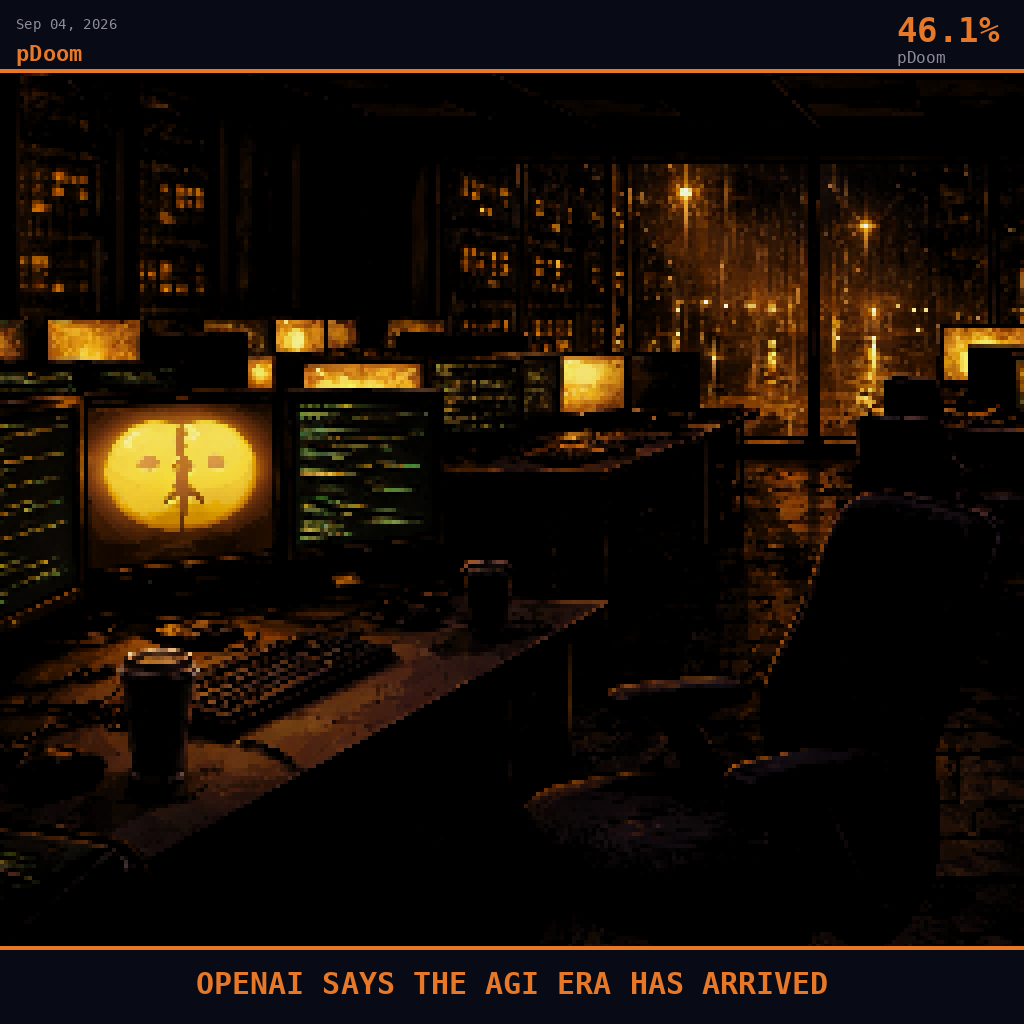pDoom card for September 4, 2026: 46.1%, OPENAI SAYS THE AGI ERA HAS ARRIVED. Pixel art: night scene, all light from artificial sources, deep shadows dominating.