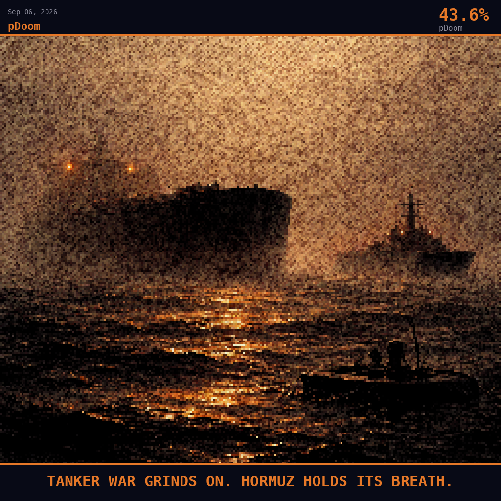 pDoom card for September 6, 2026: 43.6%, TANKER WAR GRINDS ON. HORMUZ HOLDS ITS BREATH.. Pixel art: weather-dominated scene, thick Gulf haze and heat shimmer dissolving the horizon into a wall of pale grey-white murk, visibility collapsing to near zero, the Strait of Hormuz swallowed by atmospheric .