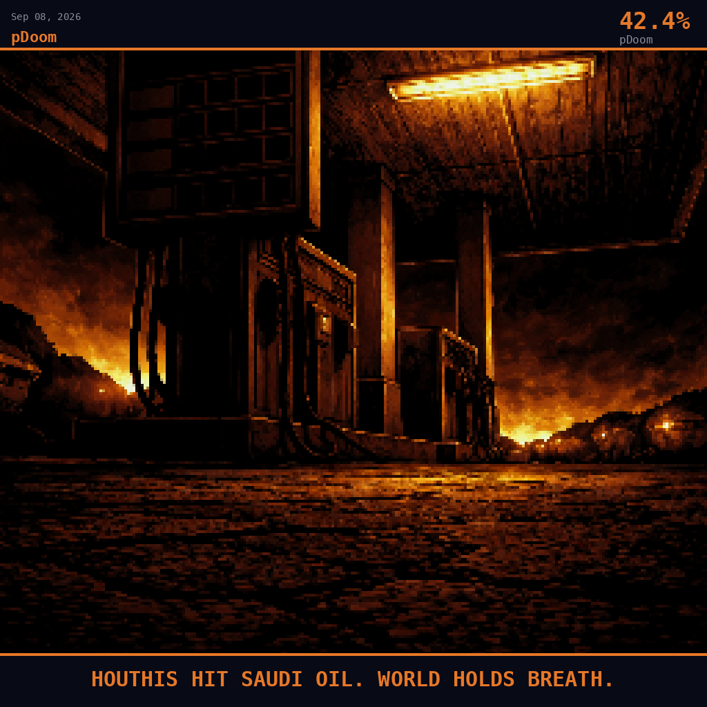 pDoom card for September 8, 2026: 42.4%, HOUTHIS HIT SAUDI OIL. WORLD HOLDS BREATH.. Pixel art: ground-level view pressed flat against cracked asphalt looking steeply upward at the underside of a Saudi petrol station canopy, dark crimson and charcoal palette, the price board overhead blank and u.