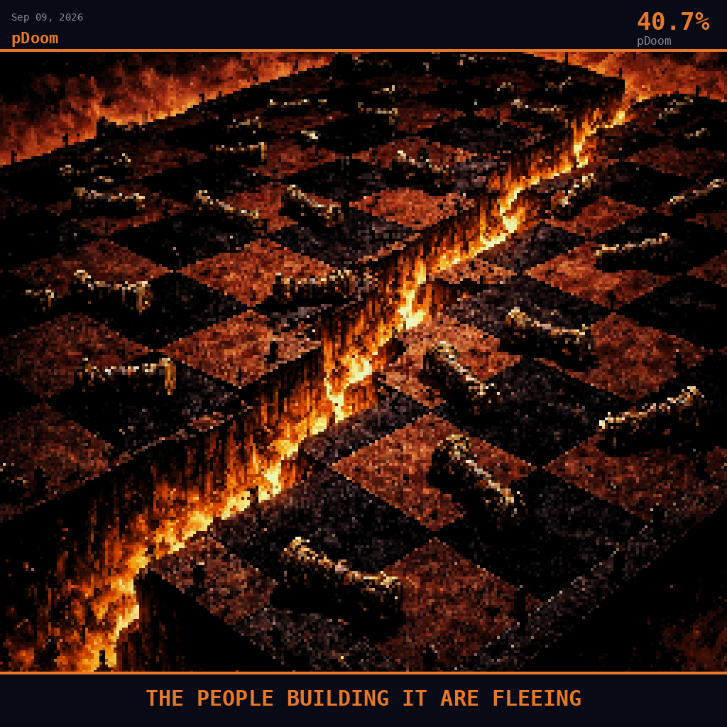 pDoom card for September 9, 2026: 40.7%, THE PEOPLE BUILDING IT ARE FLEEING. Pixel art: wide aerial view angled down at 45 degrees, dark crimson and charcoal palette, high contrast and oppressive atmosphere.