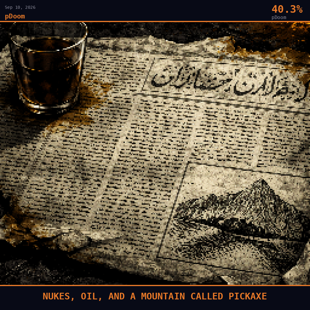 pDoom card for September 10, 2026: 40.3%, NUKES, OIL, AND A MOUNTAIN CALLED PICKAXE. Pixel art: extreme close-up filling the entire frame with a crumpled Persian-language newspaper spread flat on a dark stone surface, the paper's coarse grey newsprint texture rendered in chunky pixel detail, hea.