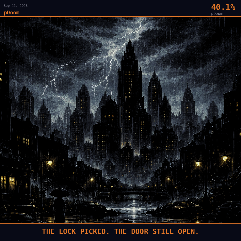 pDoom card for September 11, 2026: 40.1%, THE LOCK PICKED. THE DOOR STILL OPEN..