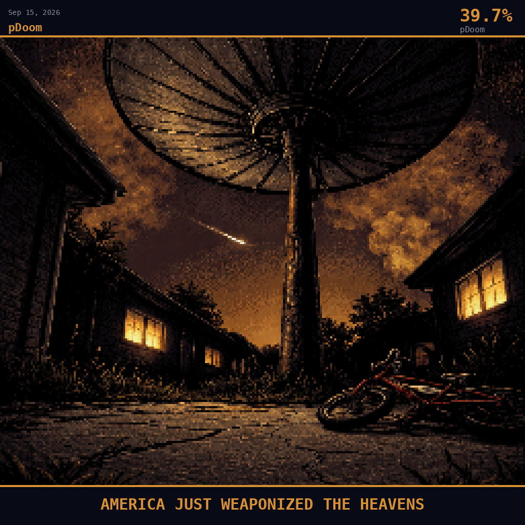 pDoom card for September 15, 2026: 39.7%, AMERICA JUST WEAPONIZED THE HEAVENS. Pixel art: ground-level view pressed flat against a cracked suburban concrete driveway looking steeply upward at the underside of a backyard satellite dish mounted on a rusted pole, the dish's ribbed concave und.