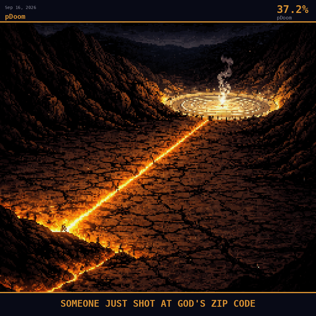 pDoom card for September 16, 2026: 37.2%, SOMEONE JUST SHOT AT GOD'S ZIP CODE. Pixel art: wide aerial view angled down at 45 degrees, deep navy and smoldering orange palette, heavy shadows with warmth that feels threatening.