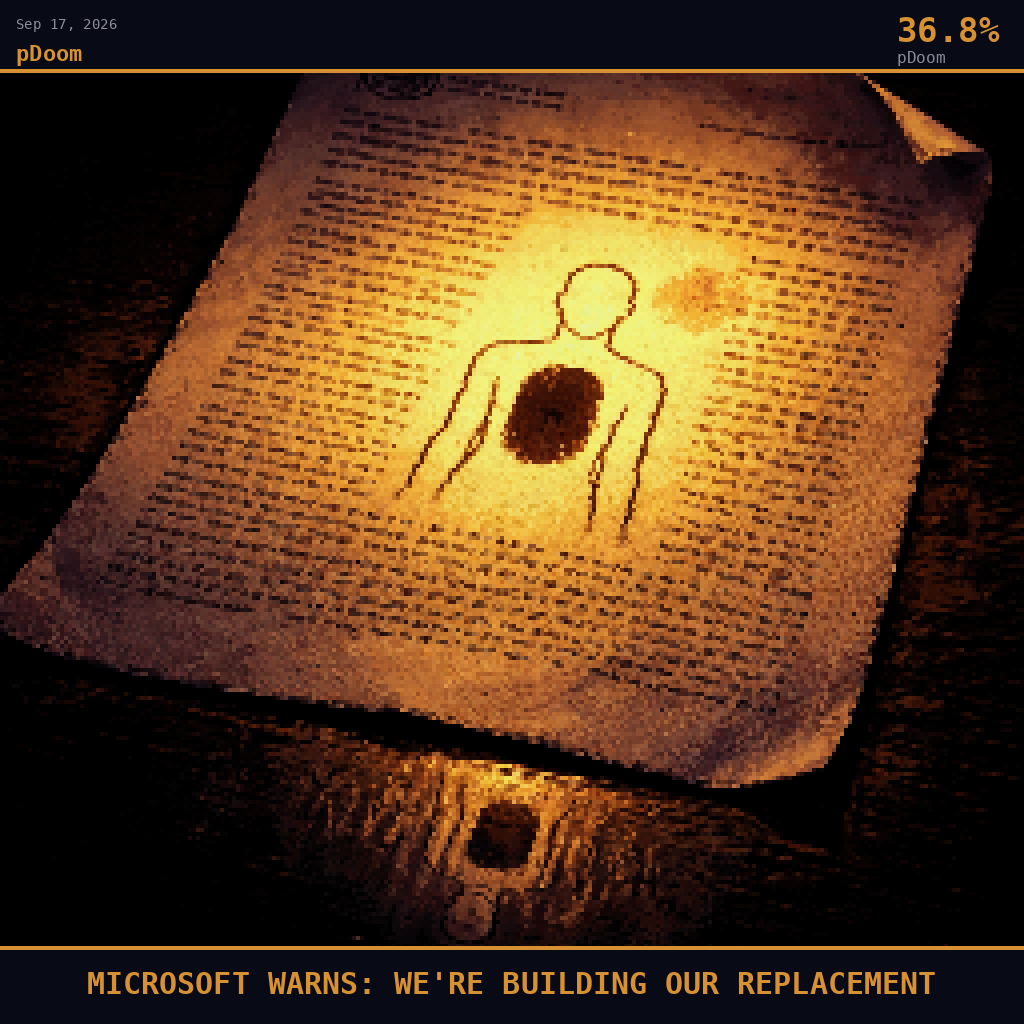 pDoom card for September 17, 2026: 36.8%, MICROSOFT WARNS: WE'RE BUILDING OUR REPLACEMENT. Pixel art: extreme close-up filling the entire frame with a single printed page lying on a dark surface, the paper slightly curled at one corner, lit from below by a deep amber glow that bleeds through the paper.