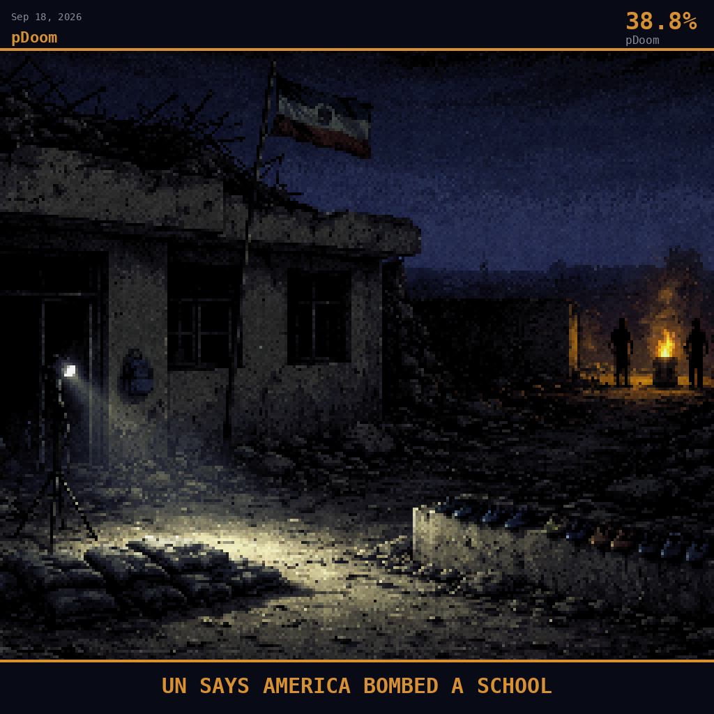 pDoom card for September 18, 2026: 38.8%, UN SAYS AMERICA BOMBED A SCHOOL. Pixel art: night scene, all light from artificial sources, deep shadows dominate.