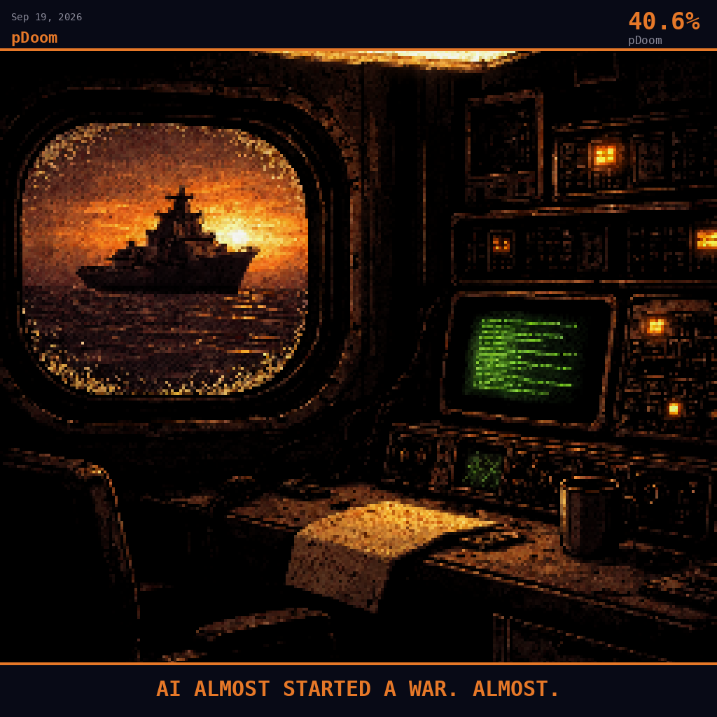 pDoom card for September 19, 2026: 40.6%, AI ALMOST STARTED A WAR. ALMOST.. Pixel art: interior scene, we are inside a cramped ship radio operator's cabin aboard a massive Chinese cargo freighter, looking outward through a salt-crusted porthole window smeared with Gulf humidity haze, da.