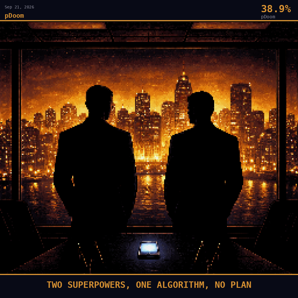 pDoom card for September 21, 2026: 38.9%, TWO SUPERPOWERS, ONE ALGORITHM, NO PLAN. Pixel art: silhouette composition, deep navy and smoldering orange palette, heavy shadows dominate, warmth feels threatening.