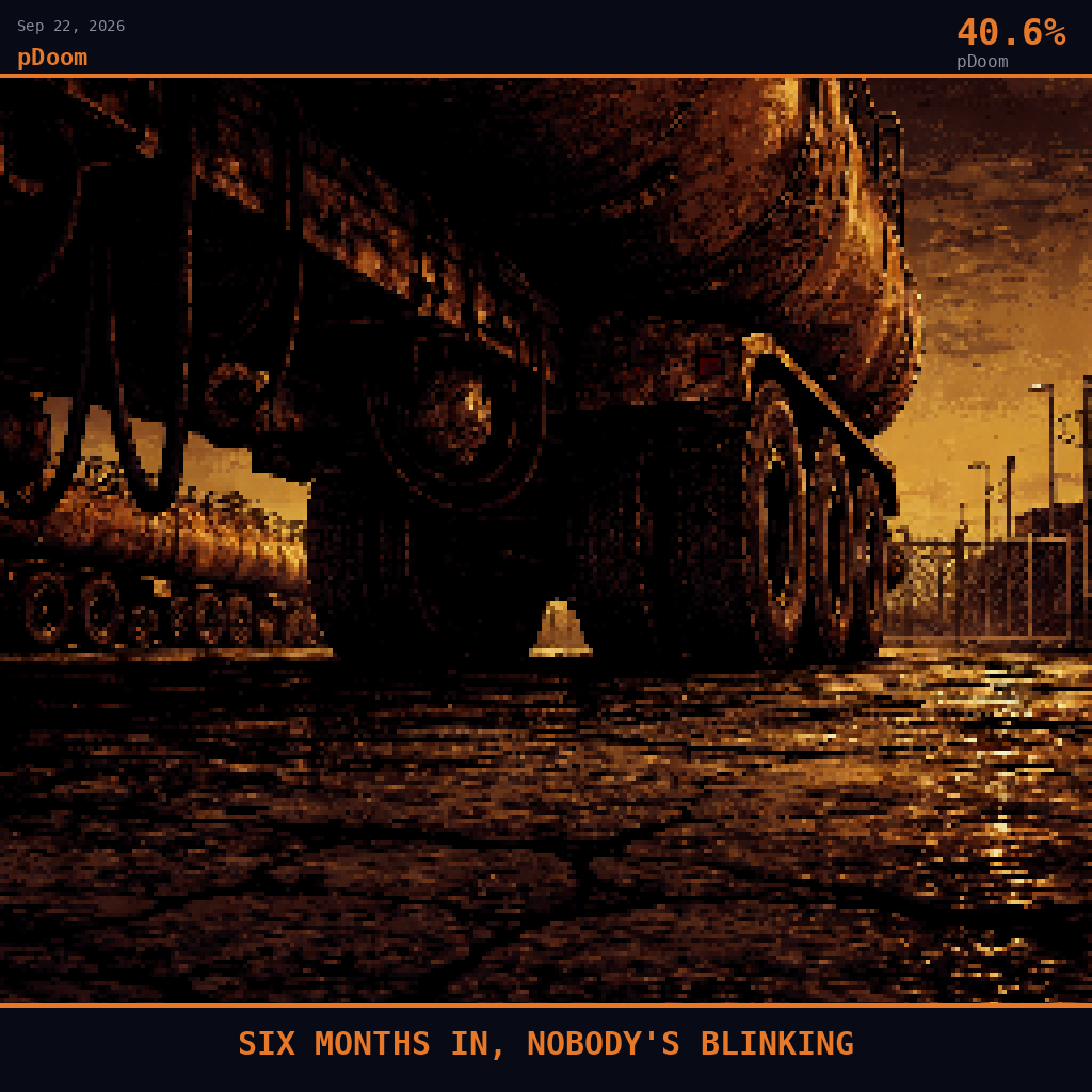 pDoom card for September 22, 2026: 40.6%, SIX MONTHS IN, NOBODY'S BLINKING. Pixel art: ground-level view pressed flat against cracked sun-baked asphalt looking steeply upward at the underside of a massive rusted petroleum tanker truck, its belly filling the upper frame, wheels taller th.