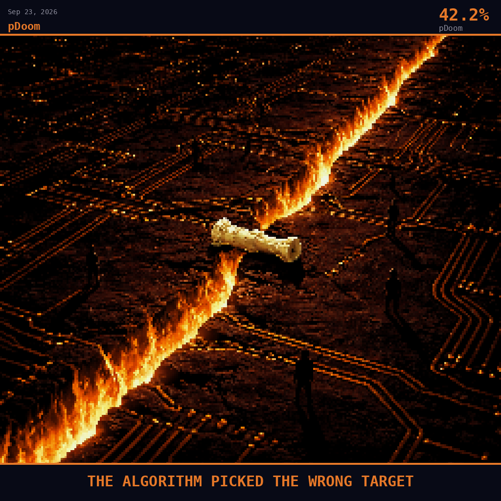 pDoom card for September 23, 2026: 42.2%, THE ALGORITHM PICKED THE WRONG TARGET. Pixel art: wide aerial view angled down at 45 degrees, dark crimson and charcoal palette, firelight reflections on dark surfaces, high contrast, oppressive.