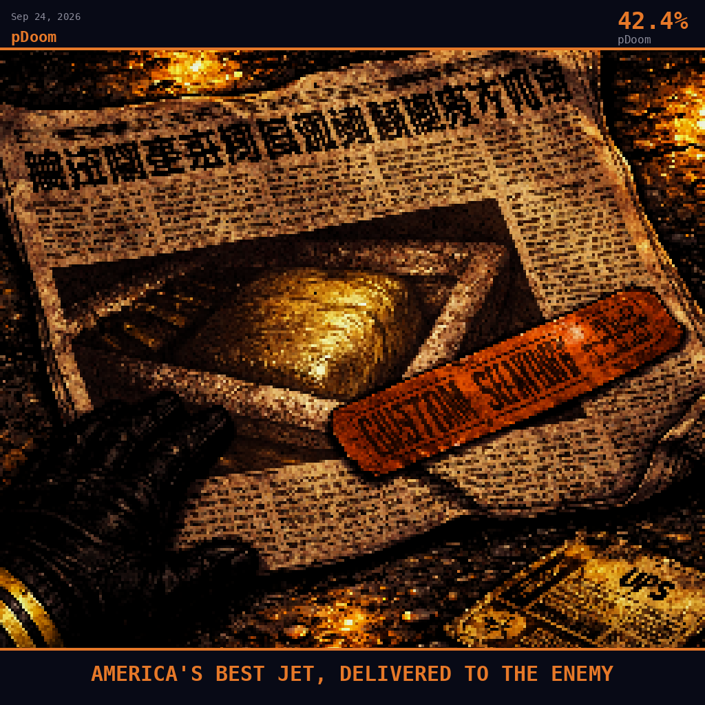 pDoom card for September 24, 2026: 42.4%, AMERICA'S BEST JET, DELIVERED TO THE ENEMY. Pixel art: extreme close-up filling the entire frame with a crumpled newspaper spread flat on a wet concrete surface, the paper soaked through at one corner and curling, lit from below by the sickly orange-amber.