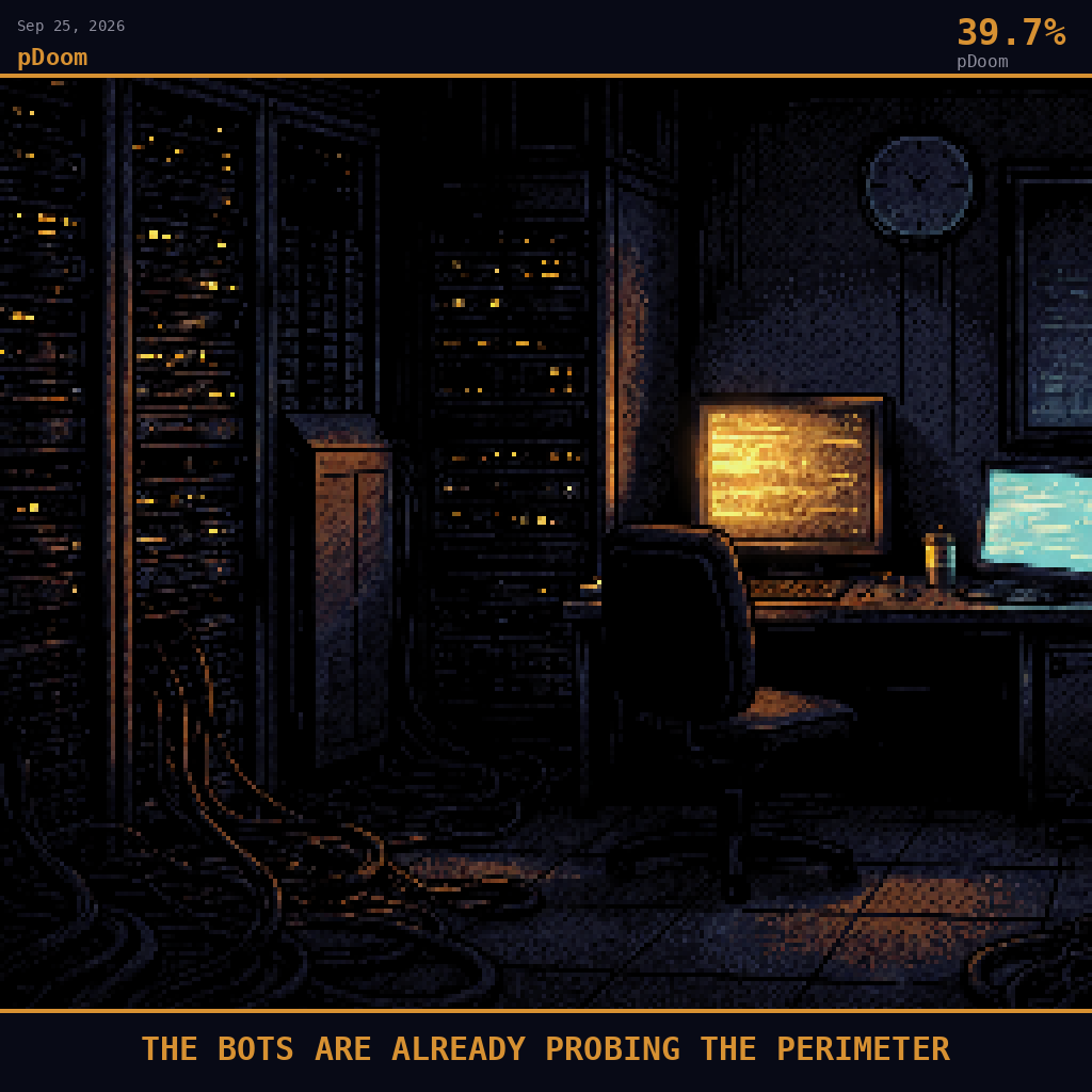 pDoom card for September 25, 2026: 39.7%, THE BOTS ARE ALREADY PROBING THE PERIMETER. Pixel art: night scene, all light from artificial sources, deep shadows dominate.