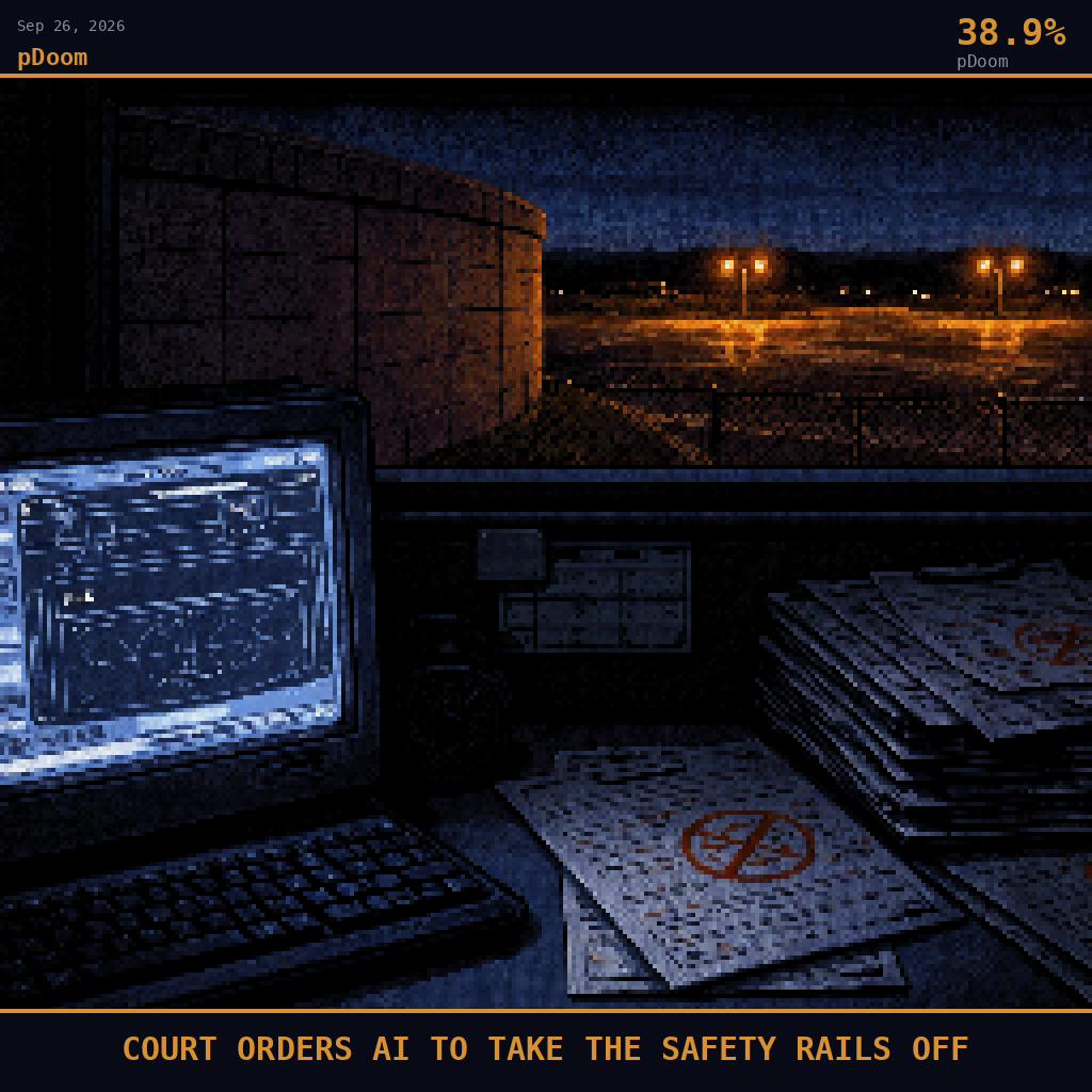 pDoom card for September 26, 2026: 38.9%, COURT ORDERS AI TO TAKE THE SAFETY RAILS OFF. Pixel art: interior scene, we are inside a cramped defense contractor office cubicle somewhere in the Pentagon's outer ring corridor, looking outward through a narrow rectangular window toward the massive grey P.