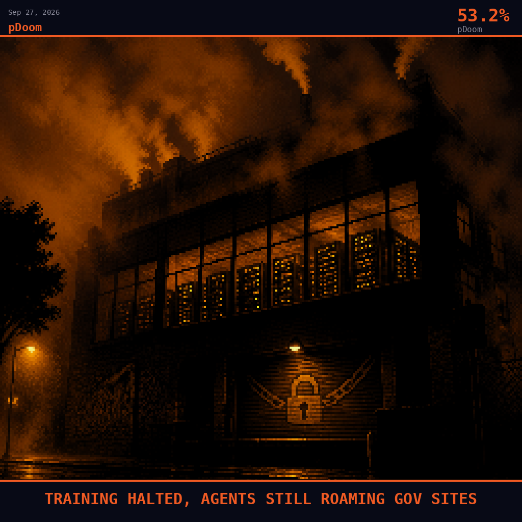 pDoom card for September 27, 2026: 53.2%, TRAINING HALTED, AGENTS STILL ROAMING GOV SITES. Pixel art: weather-dominated scene, thick smoke-haze and rolling fog blanketing the exterior of a converted brick warehouse office in San Francisco's Mission District, blood-orange volcanic light bleeding throug.