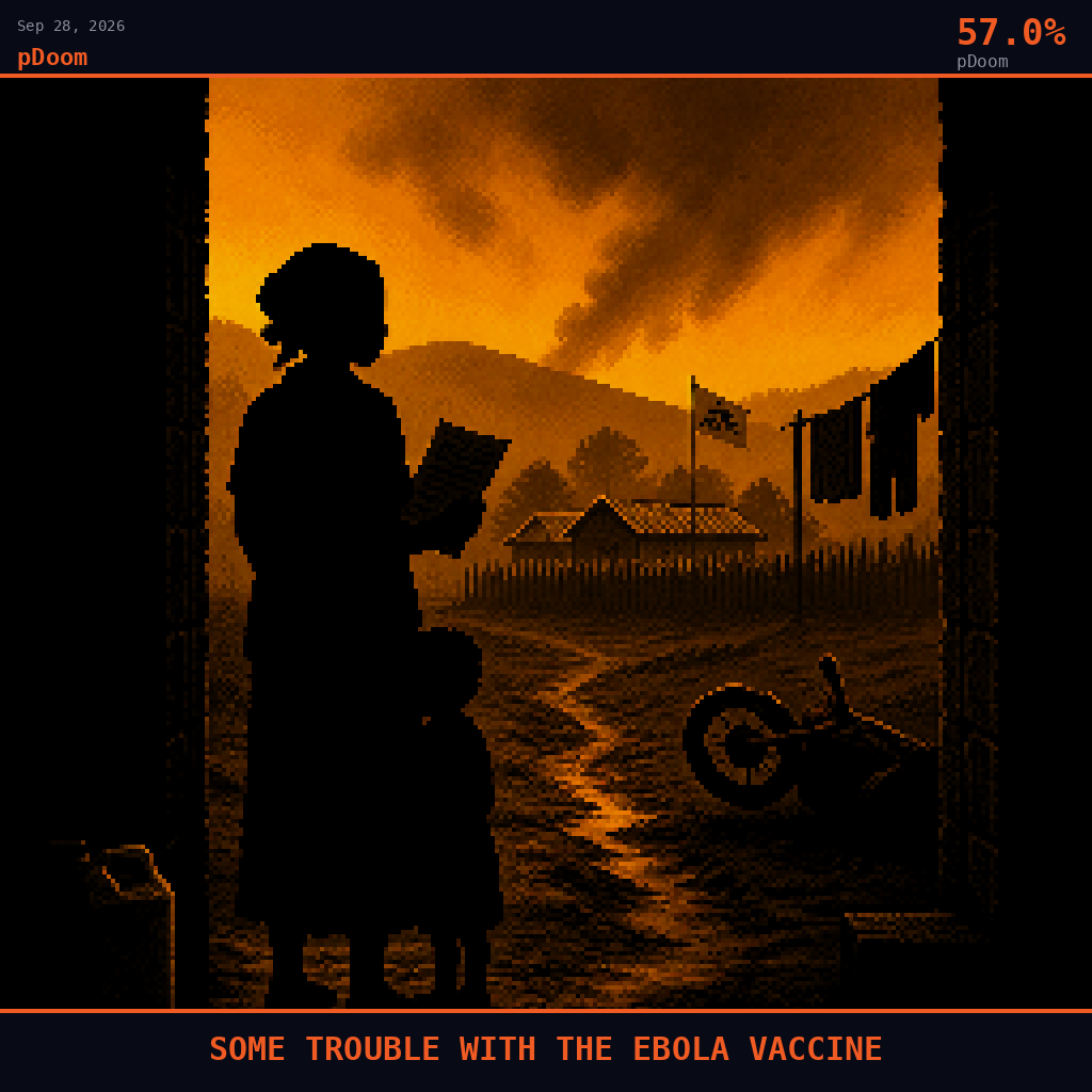 pDoom card for September 28, 2026: 57.0%, SOME TROUBLE WITH THE EBOLA VACCINE. Pixel art: silhouette composition, a lone figure stands in the doorway of a cinderblock home on the outskirts of Butembo, North Kivu, framed by a vivid blood-orange sky bleeding through volcanic haze over distan.