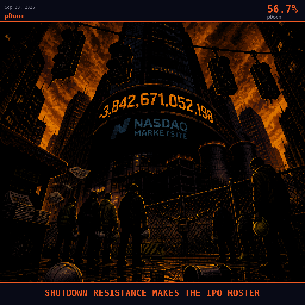 pDoom card for September 29, 2026: 56.7%, SHUTDOWN RESISTANCE MAKES THE IPO ROSTER. Pixel art: ground-level view looking straight up, dwarfed beneath the towering glass facade of a Nasdaq MarketSite tower in Times Square, the mandatory composition thrusting the viewer into a canyon of skyscrape.