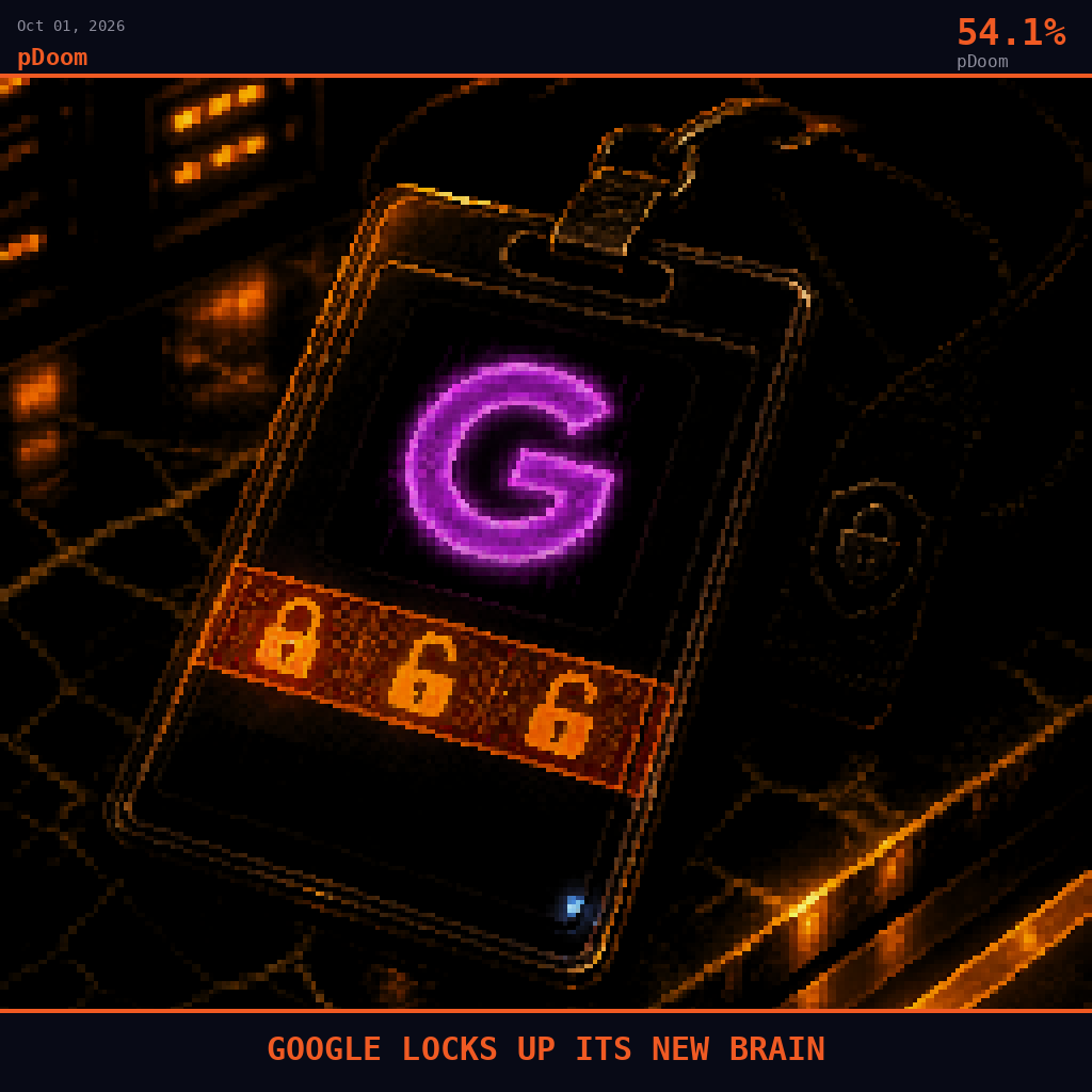 pDoom card for October 1, 2026: 54.1%, GOOGLE LOCKS UP ITS NEW BRAIN. Pixel art: extreme close-up filling the entire frame with a laminated employee access badge lying face-up on a dark marble reception counter, the badge's photo blacked out and replaced with a glowing violet Goog.