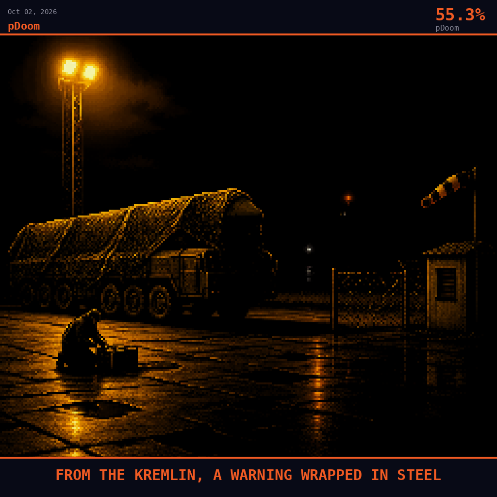 pDoom card for October 2, 2026: 55.3%, FROM THE KREMLIN, A WARNING WRAPPED IN STEEL. Pixel art: night scene on the empty tarmac of a Kaliningrad military airfield, hours after the warning speech has already rippled across the world, all light artificial and ominous: a lone sodium floodlight cast.