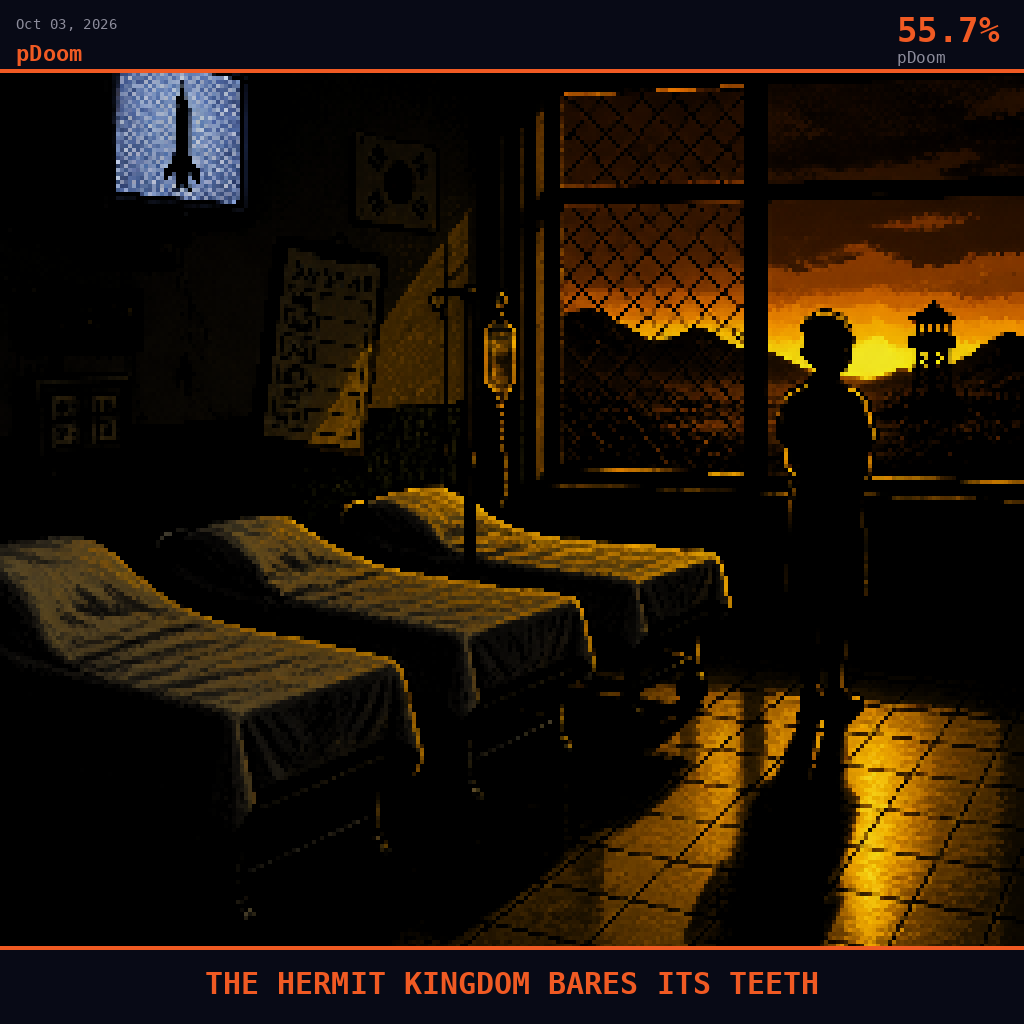 pDoom card for October 3, 2026: 55.7%, THE HERMIT KINGDOM BARES ITS TEETH. Pixel art: interior scene inside a South Korean military hospital ward near the DMZ, looking out through a wire-reinforced window into the blood-orange dusk, where distant hills are silhouetted in deep black vol.