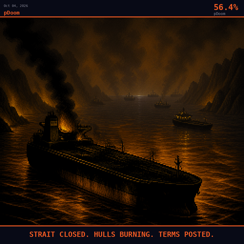 pDoom card for October 4, 2026: 56.4%, STRAIT CLOSED. HULLS BURNING. TERMS POSTED.. Pixel art: the Strait of Hormuz rendered through a thick curtain of oily black smoke-haze and humid Gulf mist, visibility reduced to silhouettes, Iran's rugged Hormozgan coastline barely visible on one side and .