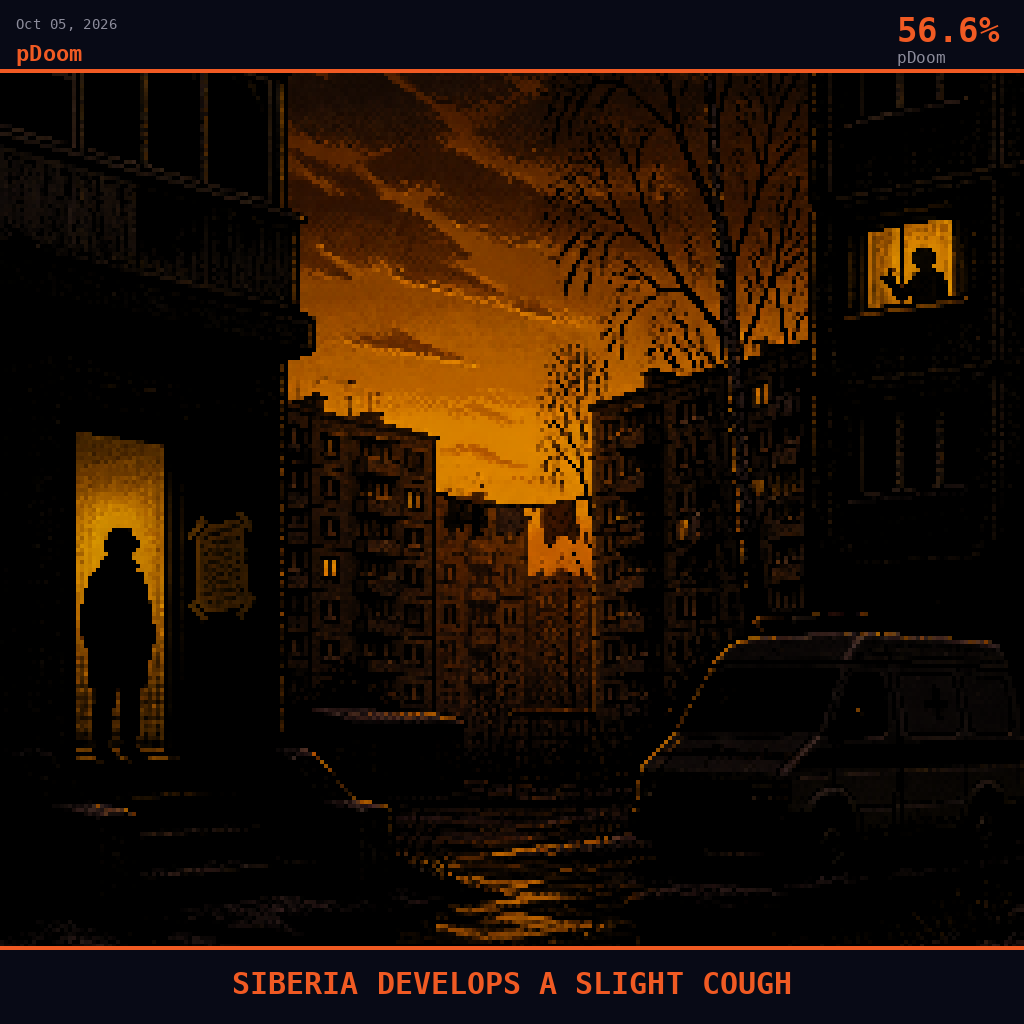 pDoom card for October 5, 2026: 56.6%, SIBERIA DEVELOPS A SLIGHT COUGH. Pixel art: a cramped Soviet-era apartment block courtyard on the outskirts of Irkutsk, rows of identical concrete balconies fading into blood-orange dusk haze, bare birch trees etched black against a smoldering .