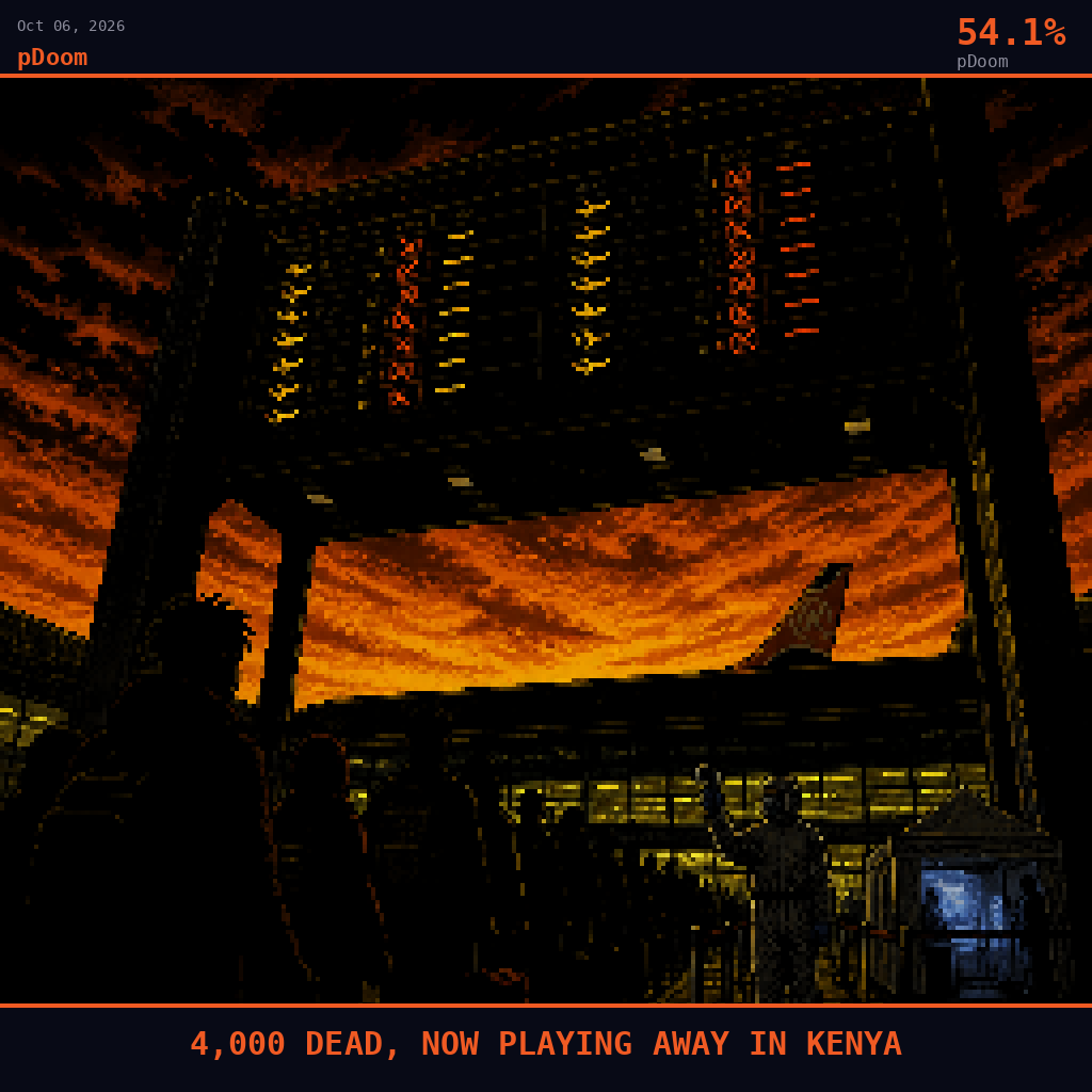 pDoom card for October 6, 2026: 54.1%, 4,000 DEAD, NOW PLAYING AWAY IN KENYA. Pixel art: ground-level view looking straight up at the towering departure board gantry of Jomo Kenyatta International Airport, Nairobi, framed against a blood-orange dusk sky bleeding into deep black, the camer.