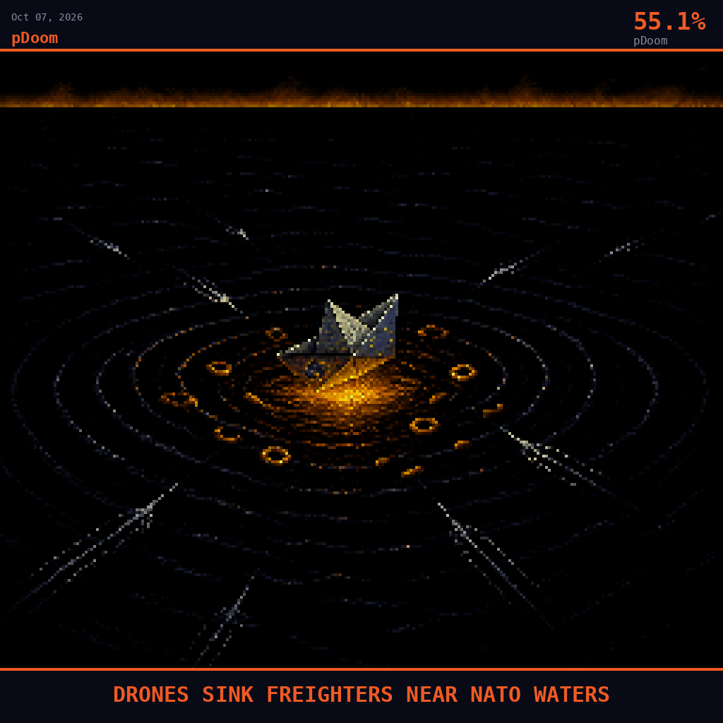 pDoom card for October 7, 2026: 55.1%, DRONES SINK FREIGHTERS NEAR NATO WATERS. Pixel art: wide aerial view looking down at a 45-degree angle over a vast expanse of deep black-blue water, the Black Sea rendered as an endless dark mirror broken by one small circle of calm near the center whe.