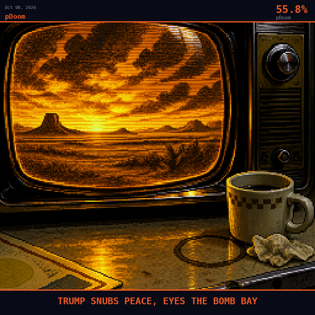 pDoom card for October 8, 2026: 55.8%, TRUMP SNUBS PEACE, EYES THE BOMB BAY.