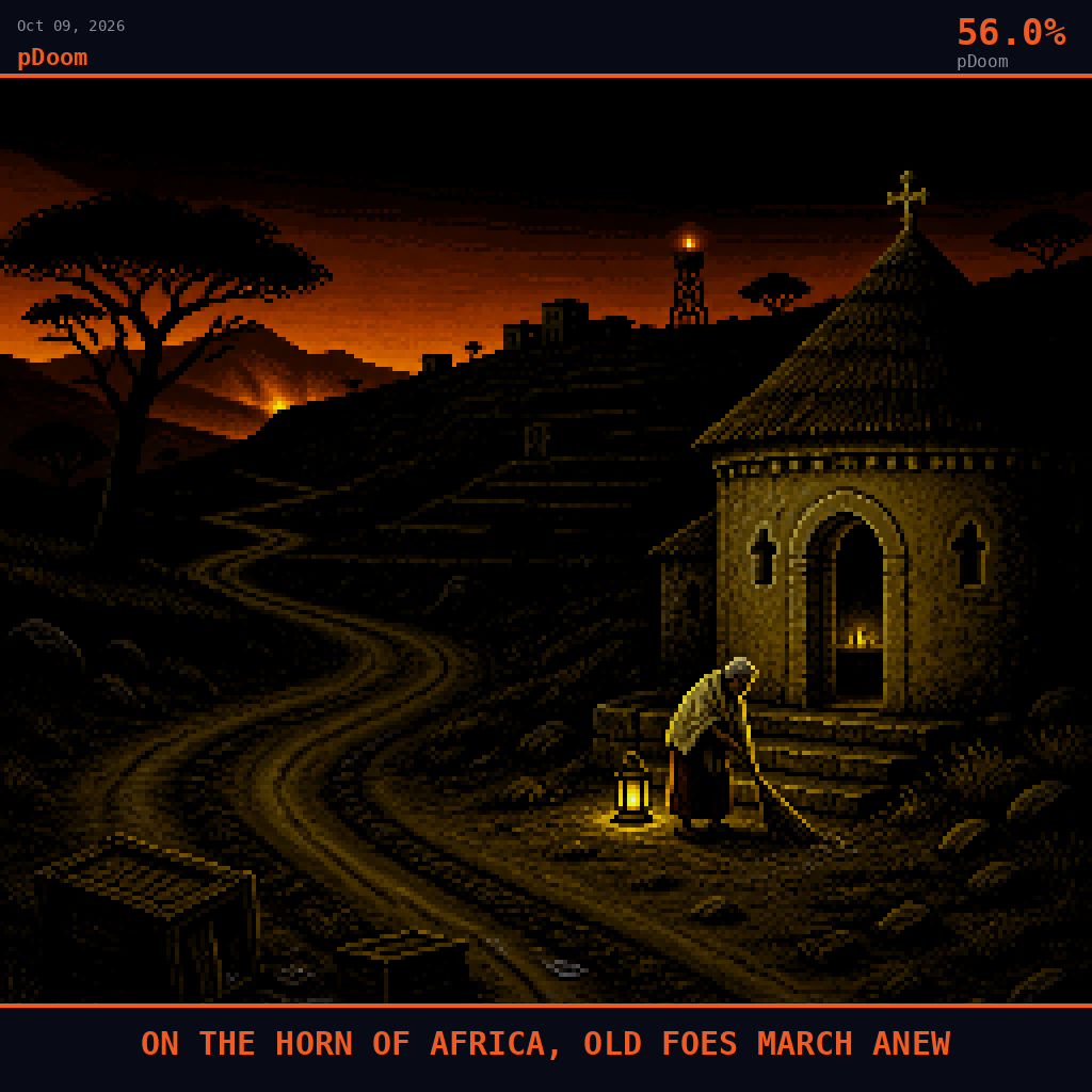 pDoom card for October 9, 2026: 56.0%, ON THE HORN OF AFRICA, OLD FOES MARCH ANEW. Pixel art: night scene on the outskirts of Adigrat near the Eritrean border, dawn still hours away, a scorched truck convoy route winding through dry terraced hillsides now empty and silent, the road's dirt shou.
