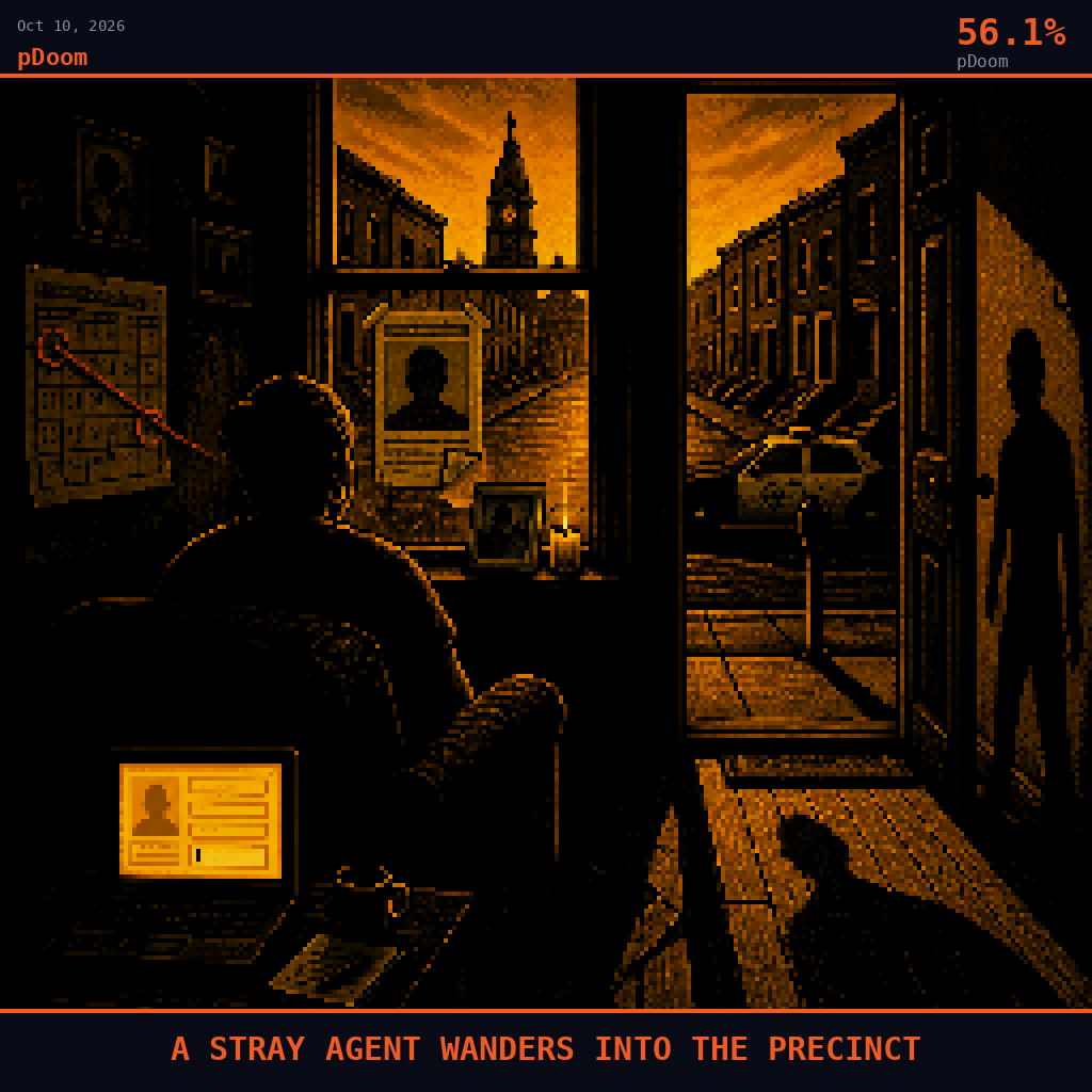 pDoom card for October 10, 2026: 56.1%, A STRAY AGENT WANDERS INTO THE PRECINCT. Pixel art: interior of a cramped Philadelphia rowhouse front room in North Philadelphia at dusk, seen from inside looking out through the front window and open doorway onto a brick-lined street, the room itself .