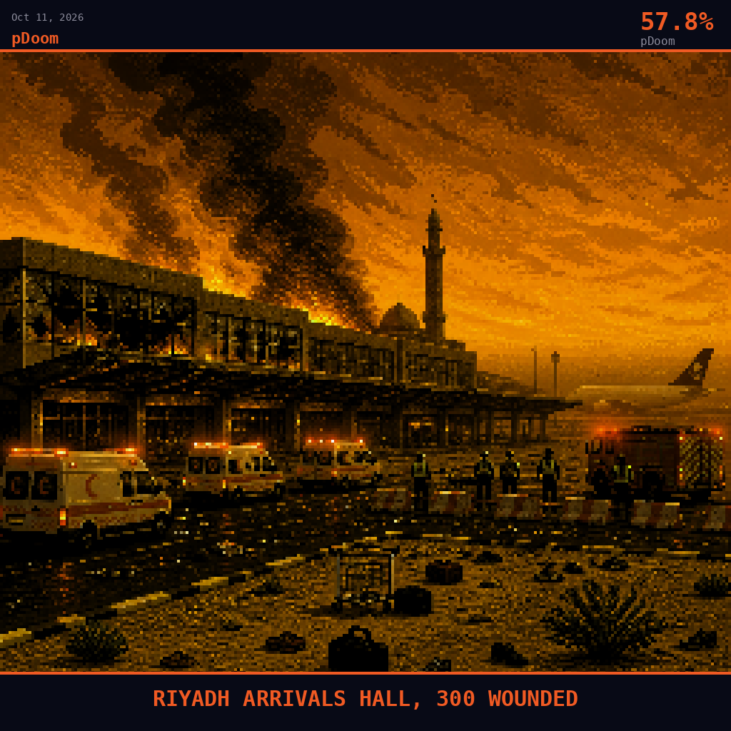 pDoom card for October 11, 2026: 57.8%, RIYADH ARRIVALS HALL, 300 WOUNDED. Pixel art: King Khalid International Airport on the flat Najd plateau at dusk, the whole scene swallowed by a thick ochre-black dust haze and a towering column of oily smoke that bleeds across a bleached sky tur.
