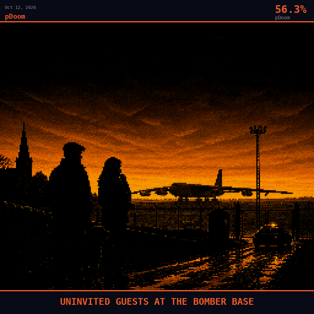 pDoom card for October 12, 2026: 56.3%, UNINVITED GUESTS AT THE BOMBER BASE. Pixel art: a flat Gloucestershire field at dusk just outside the perimeter fence of RAF Fairford, the Cotswold horizon a thin black line beneath a huge sky burning blood-orange at the bottom and fading to deep b.