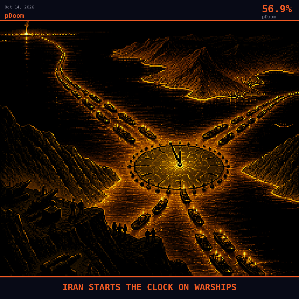 pDoom card for October 14, 2026: 56.9%, IRAN STARTS THE CLOCK ON WARSHIPS. Pixel art: wide aerial view looking down at a 45-degree angle over the Strait of Hormuz at night, a vast black channel pinched between the jagged bare cliffs of the Musandam Peninsula in the lower foreground and.