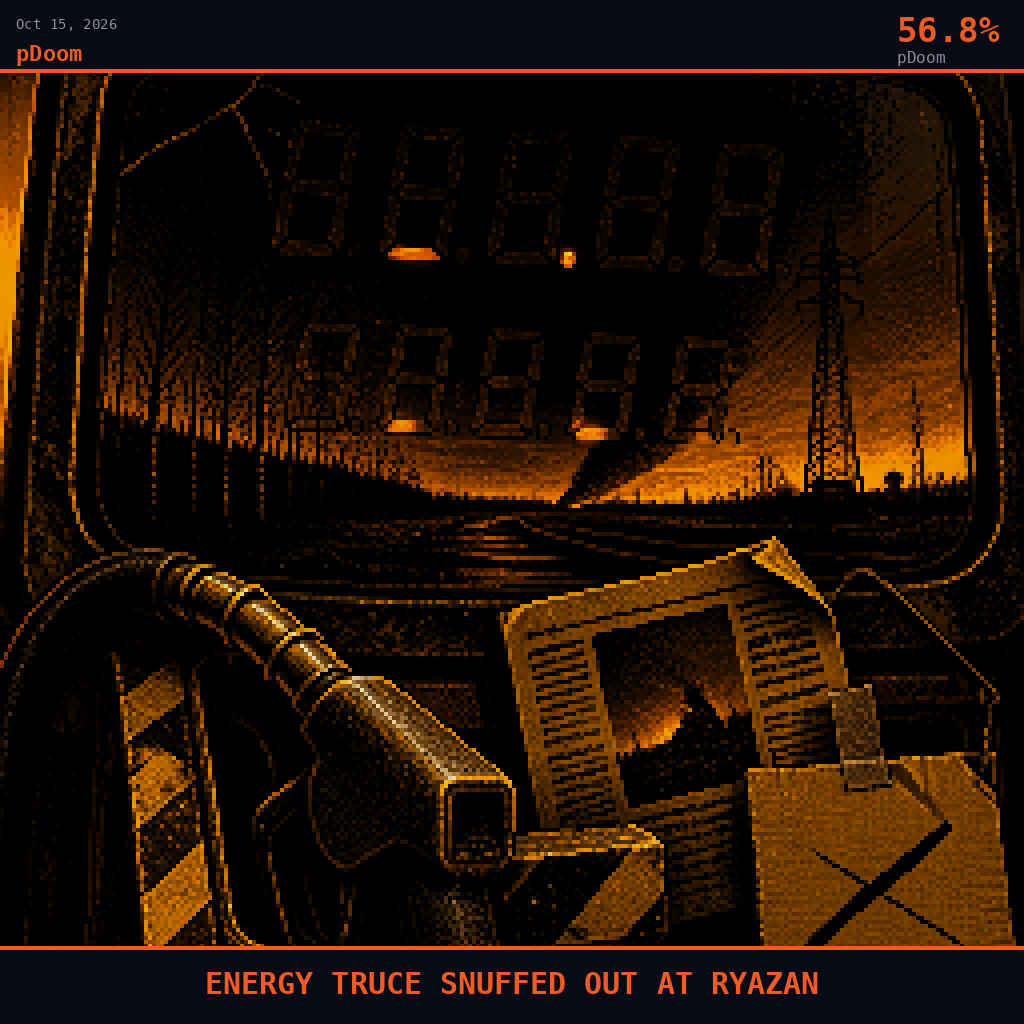 pDoom card for October 15, 2026: 56.8%, ENERGY TRUCE SNUFFED OUT AT RYAZAN. Pixel art: Extreme close-up filling the whole frame: the dead glass face of a diesel pump at a roadside fuel station on the flat Oka lowlands outside Ryazan, in the hour before a mid-October dawn.
