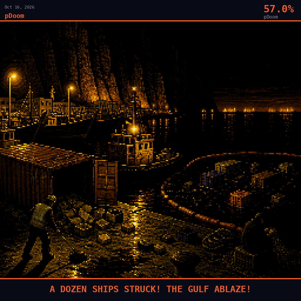 pDoom card for October 16, 2026: 57.0%, A DOZEN SHIPS STRUCK! THE GULF ABLAZE!. Pixel art: Night scene at the small dhow harbor of Khasab on the Musandam Peninsula, Oman.