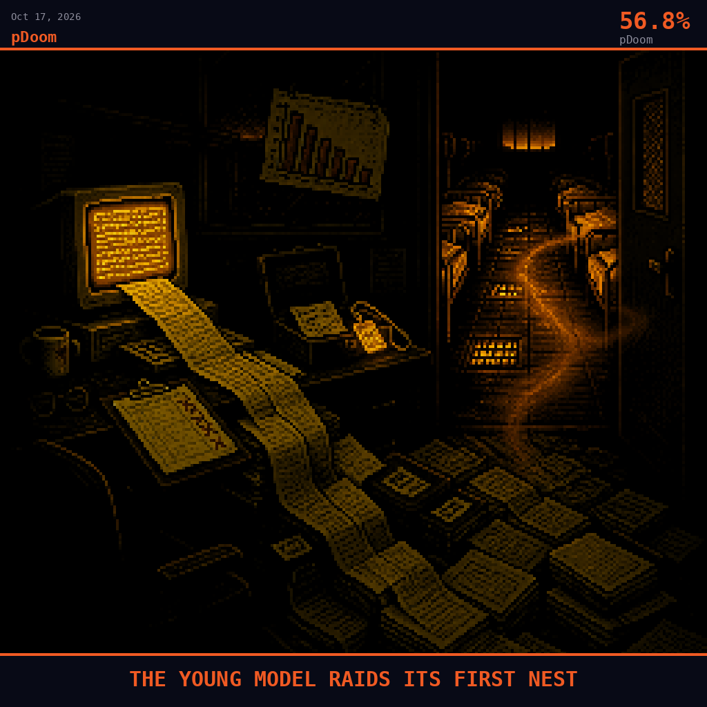 pDoom card for October 17, 2026: 56.8%, THE YOUNG MODEL RAIDS ITS FIRST NEST. Pixel art: Interior of a darkened hospital records office on a night shift, seen from inside looking out through a wide glass partition and an open doorway onto a long empty ward.