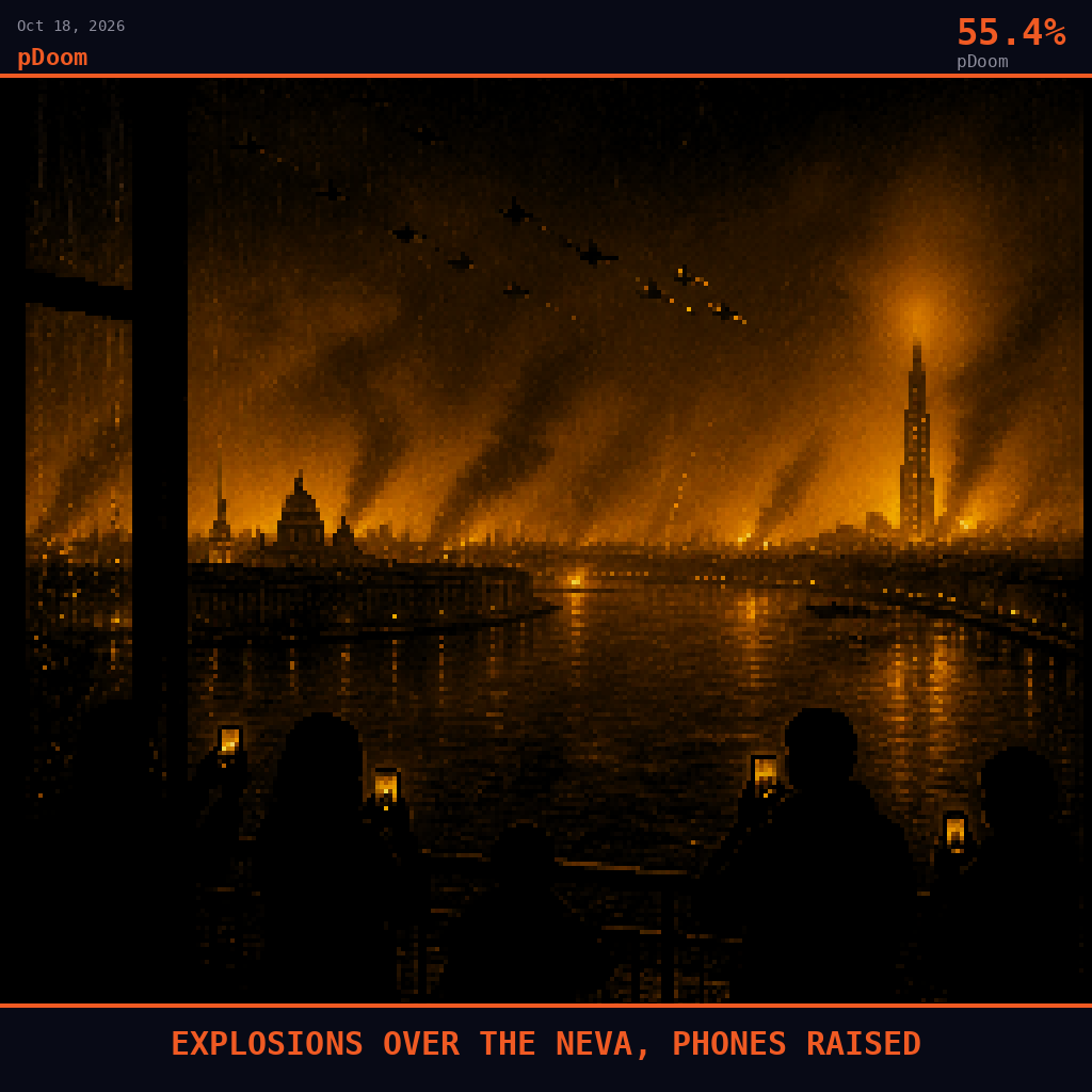 pDoom card for October 18, 2026: 55.4%, EXPLOSIONS OVER THE NEVA, PHONES RAISED. Pixel art: A weather-dominated night panorama of St Petersburg on the flat Neva delta, the whole city seen through a thick, low blanket of smoke-laden fog and drizzle rolling in off the Gulf of Finland.